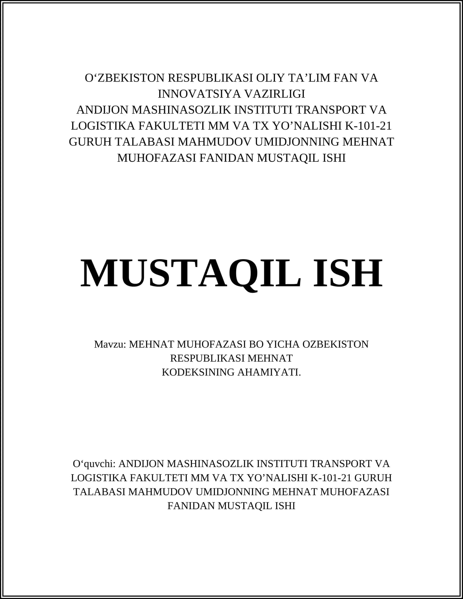 MEHNAT MUHOFAZASI BO YICHA OZBEKISTON RESPUBLIKASI MEHNAT KODEKSINING AHAMIYATI 1