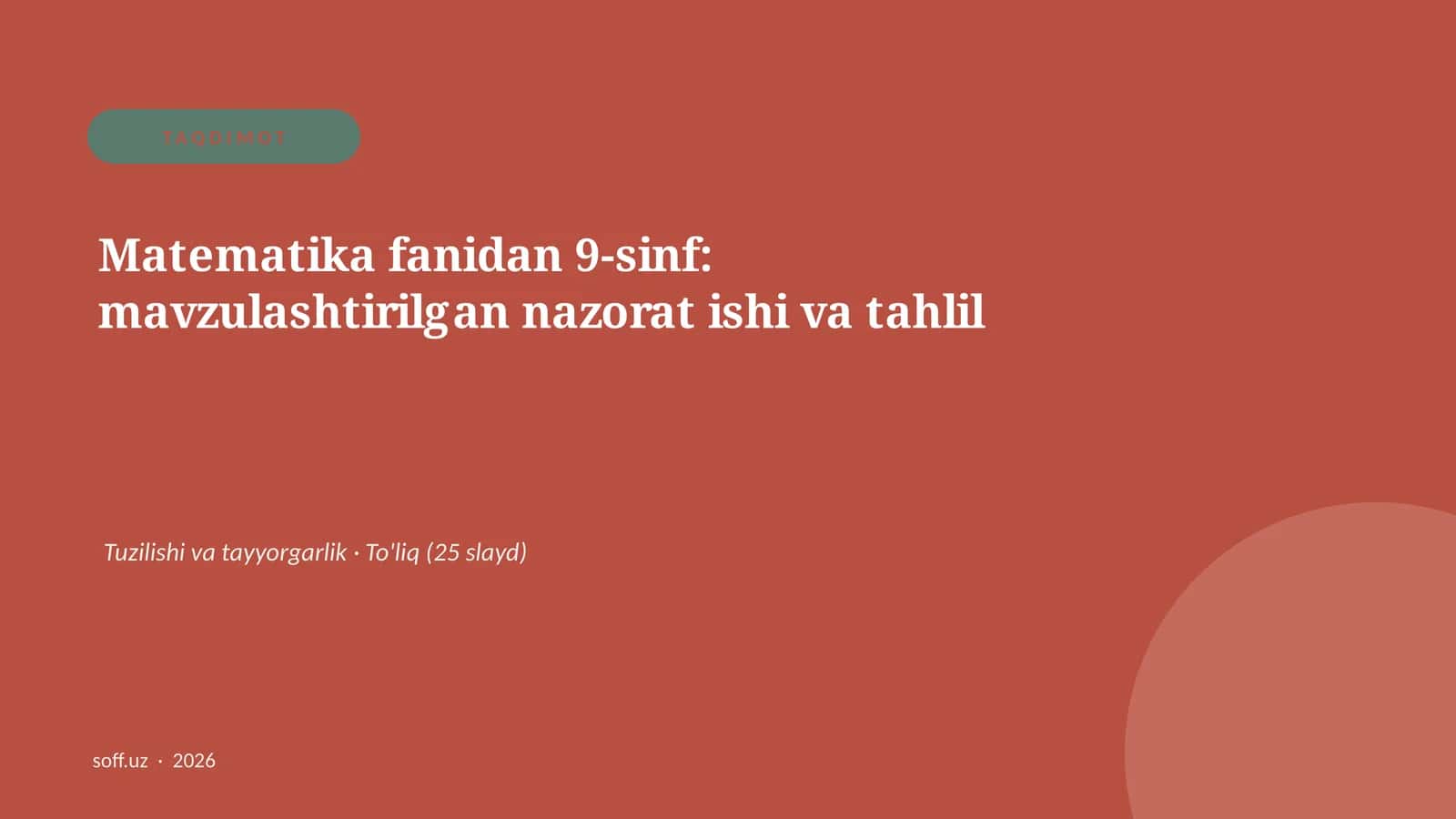 Matematika fanidan 9-sinf: mavzulashtirilgan nazorat ishi va tahlil 1