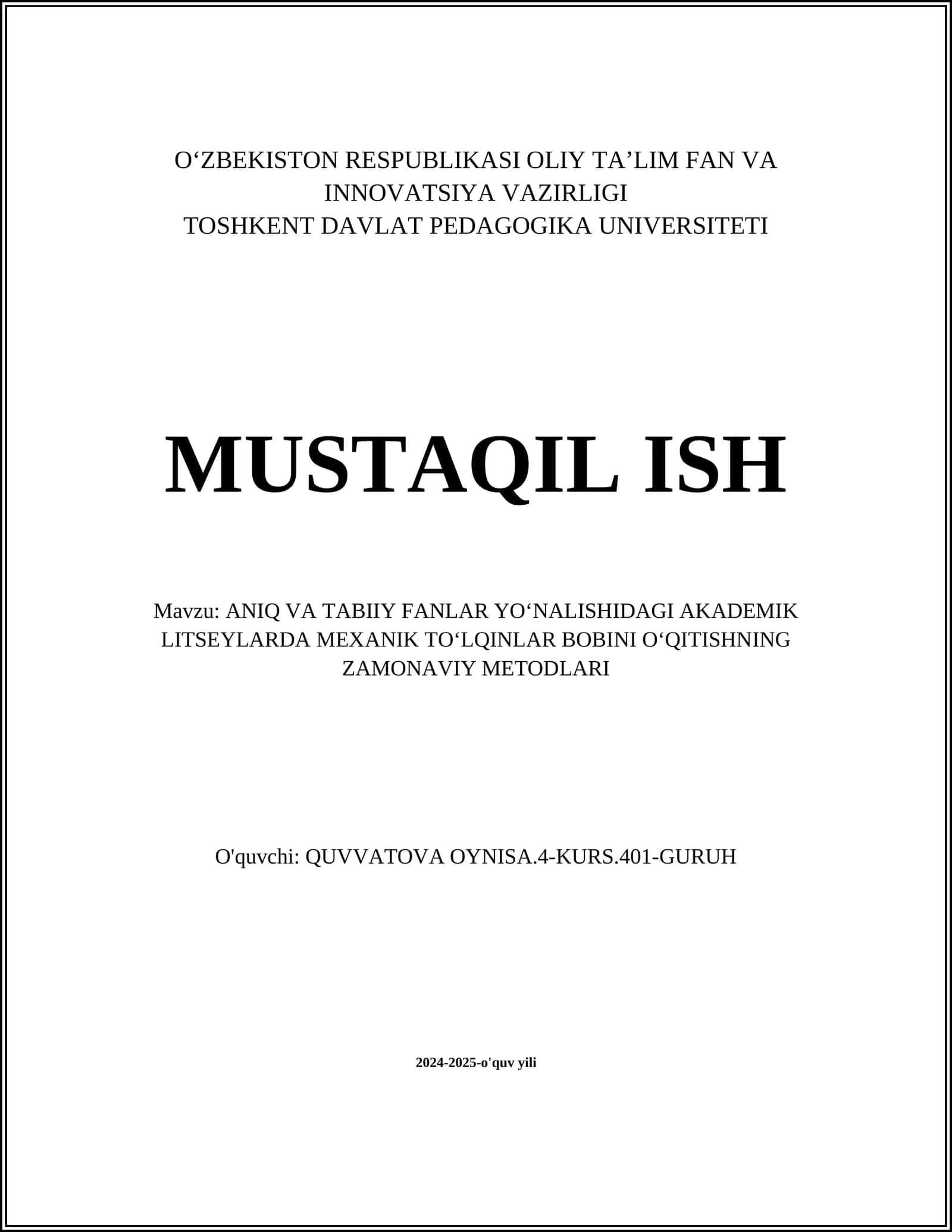 ANIQ VA TABIIY FANLAR YOʻNALISHIDAGI AKADEMIK LITSEYLARDA MEXANIK TOʻLQINLAR BOBINI OʻQITISHNING ZAMONAVIY METODLARI 1