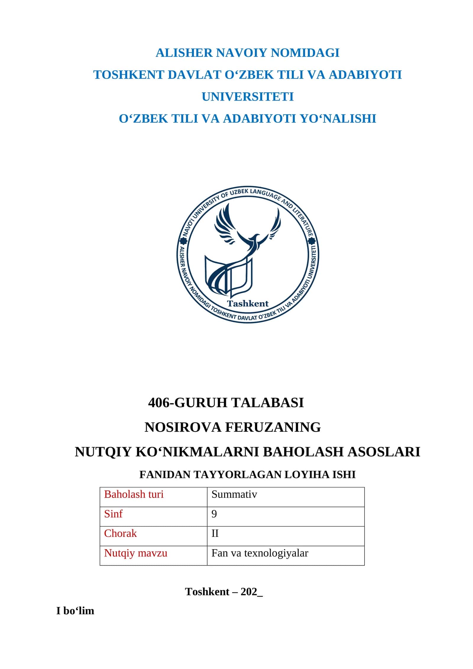 TOSHKENT DAVLAT OʻZBEK TILI VA ADABIYOTI UNIVERSITETI 1