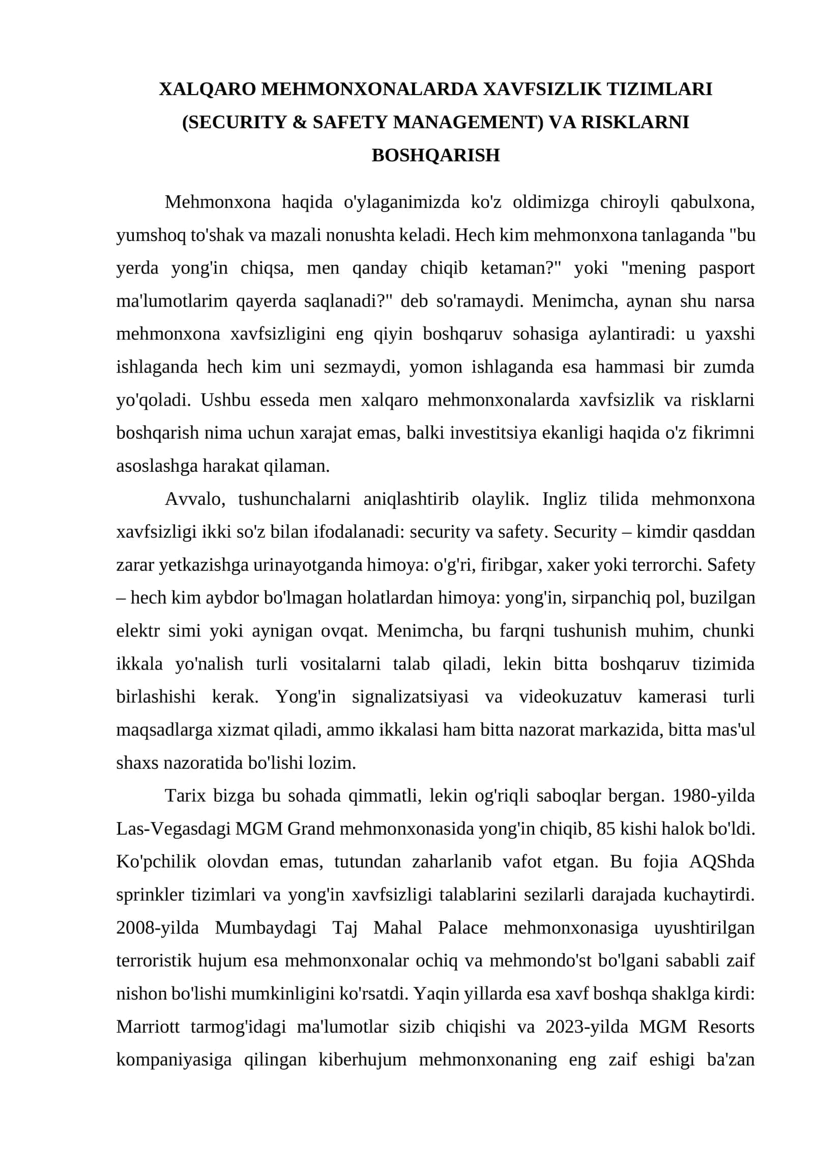 XALQARO MEHMONXONALARDA XAVFSIZLIK TIZIMLARI (SECURITY & SAFETY MANAGEMENT) VA RISKLARNI BOSHQARISH 1