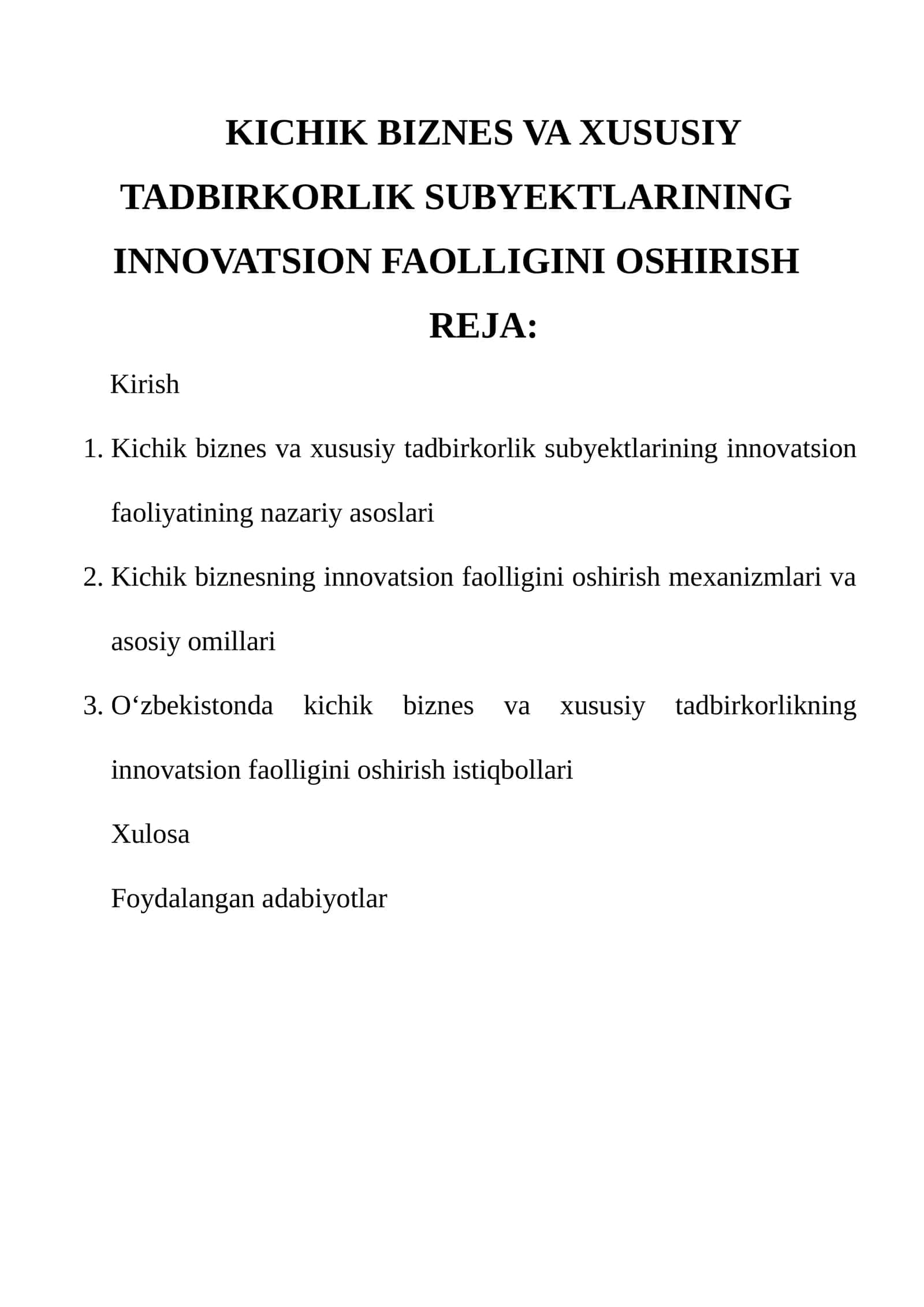 KICHIK BIZNES VA XUSUSIY TADBIRKORLIK SUBYEKTLARINING INNOVATSION FAOLLIGINI OSHIRISH 1