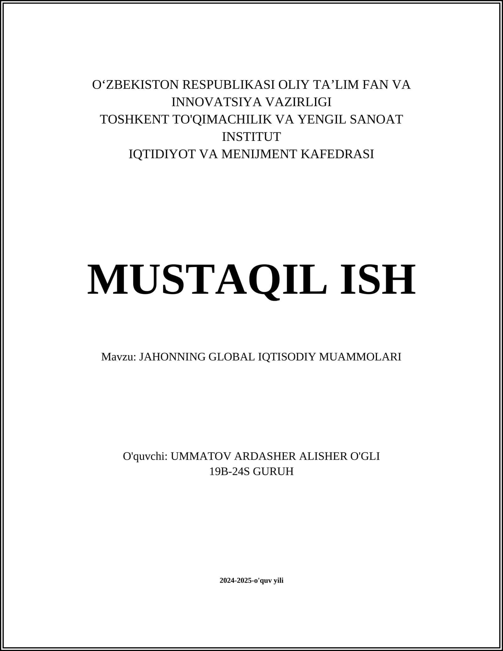 JAHONNING GLOBAL IQTISODIY MUAMMOLARI 1
