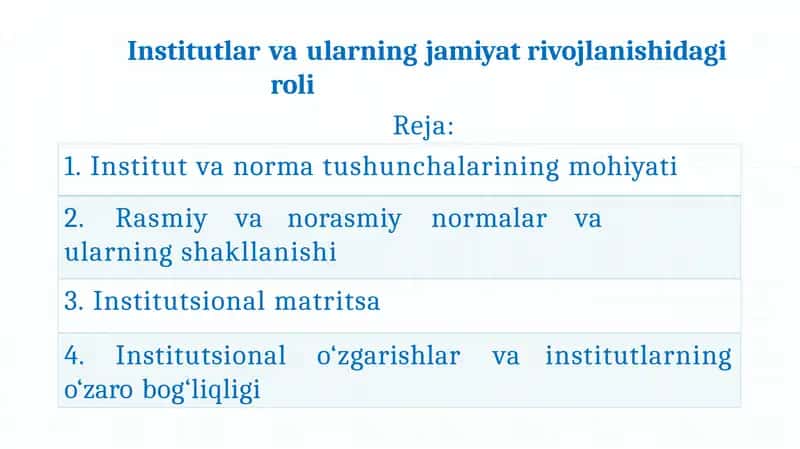 Institutlar va ularning jamiyat rivojlanishidagi roli 1