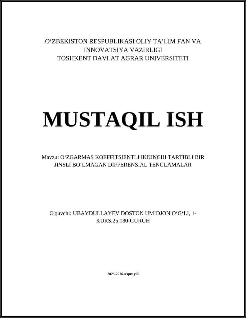 Oʻzgarmas koeffitsientli ikkinchi tartibli bir jinsli boʻlmagan differensial tenglamalar 1