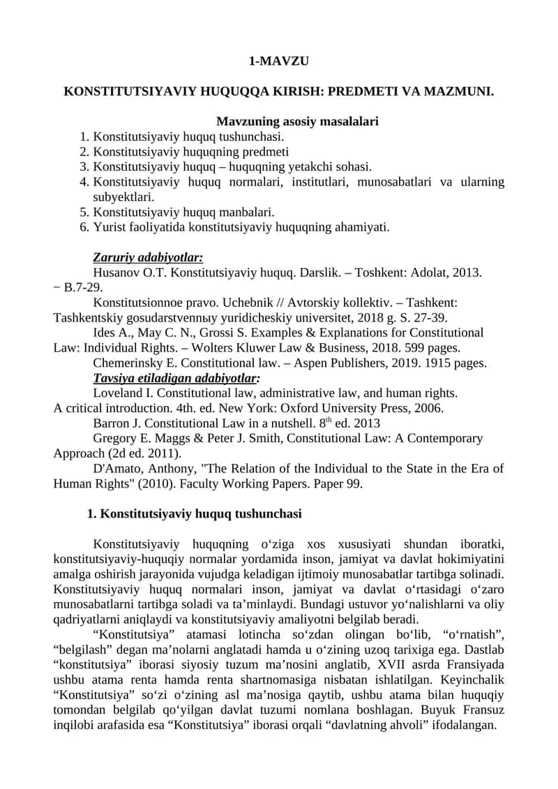 Konstitutsiyaviy huquqqa kirish: predmeti va mazmuni 1