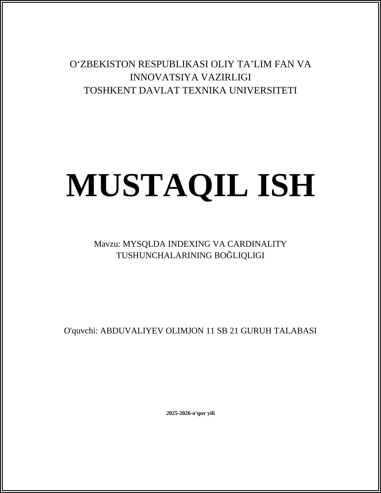 MYSQLDA INDEXING VA CARDINALITY TUSHUNCHALARINING BOĞLIQLIGI 1