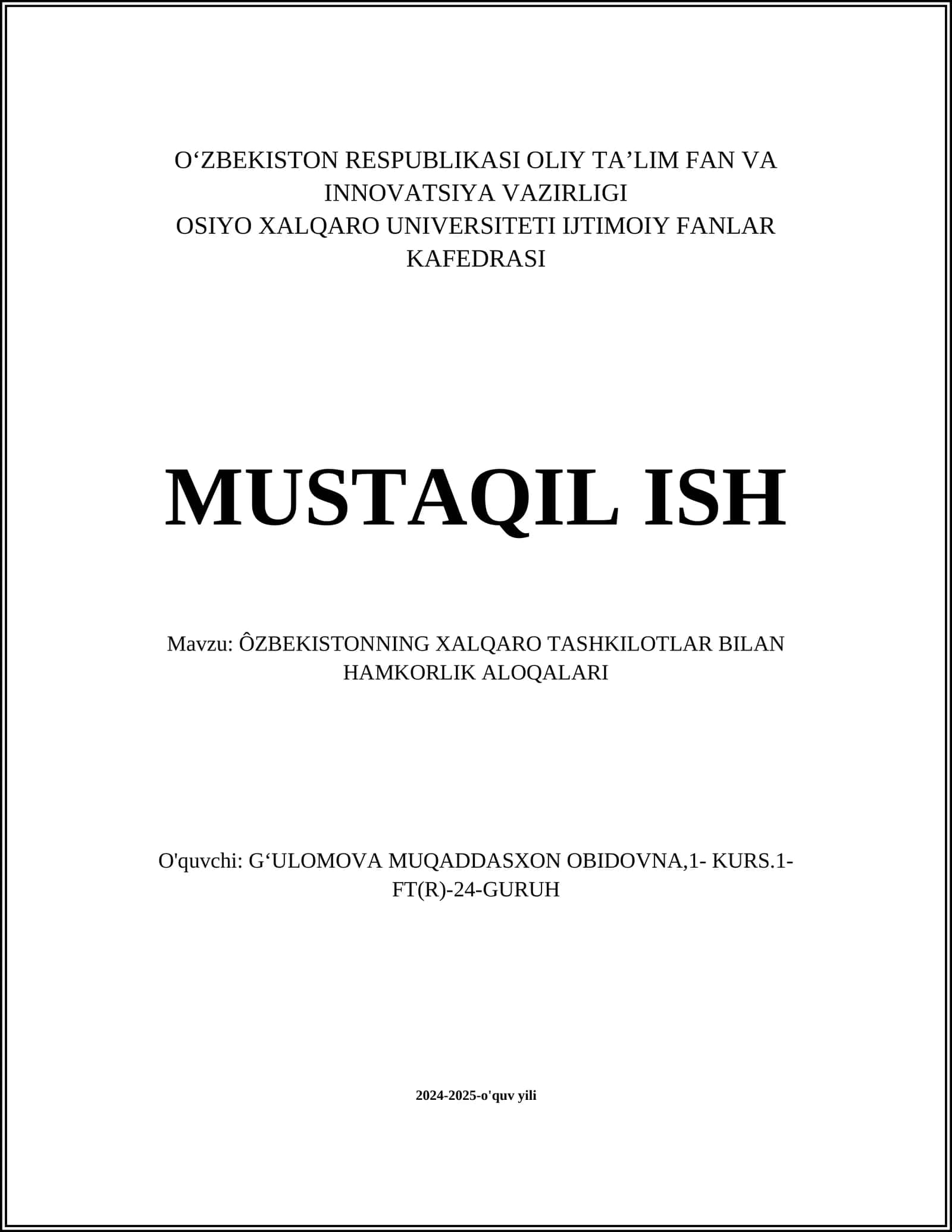 ÔZBEKISTONNING XALQARO TASHKILOTLAR BILAN HAMKORLIK ALOQALARI 1