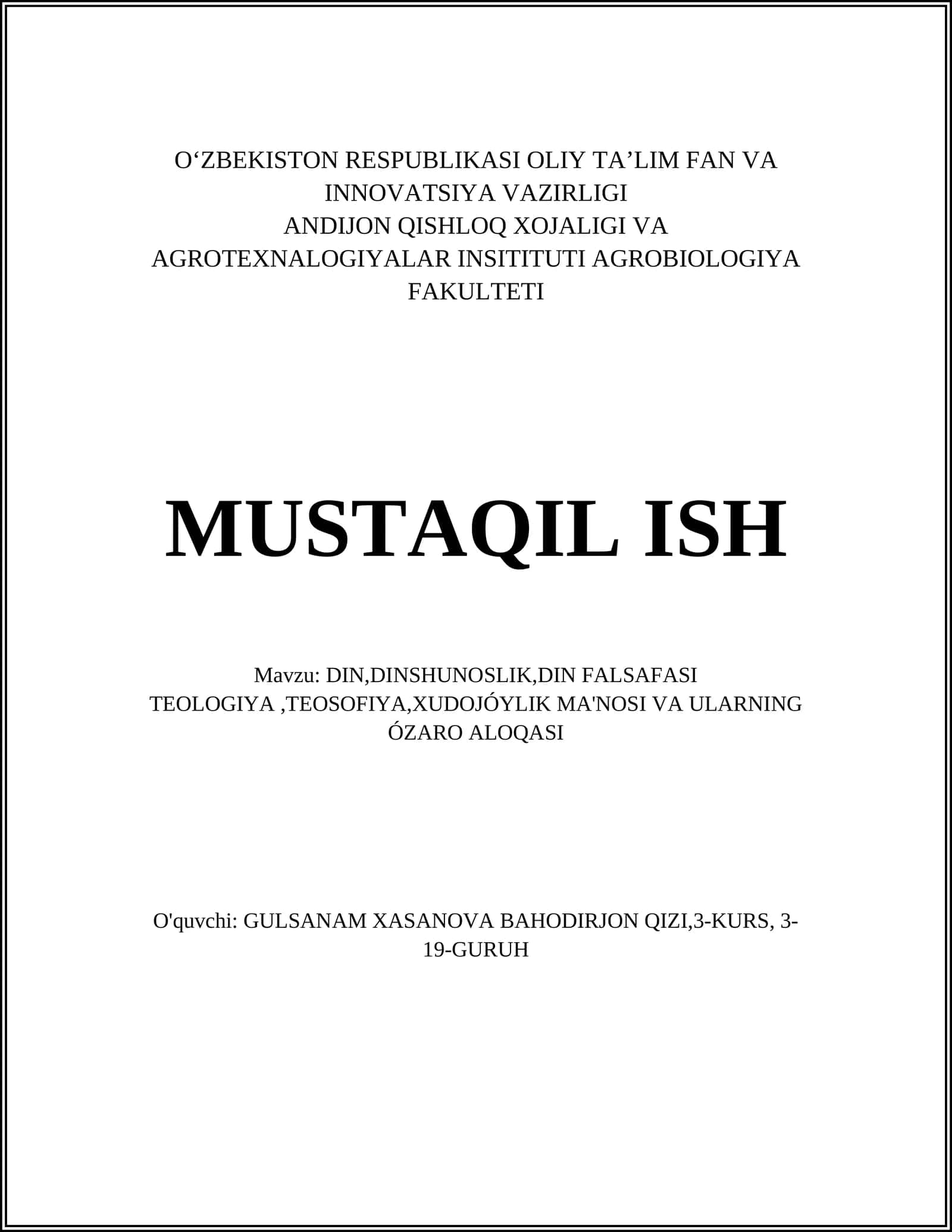 DIN,DINSHUNOSLIK,DIN FALSAFASI TEOLOGIYA,TEOSOFIYA,XUDOJÓYLIK MA'NOSI VA ULARNING ÓZARO ALOQASI 1