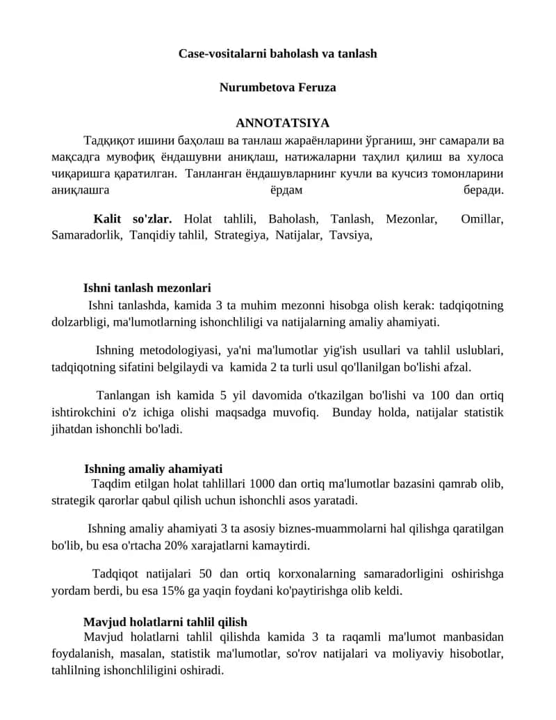 Case-vositalarni baholash va tanlash 1
