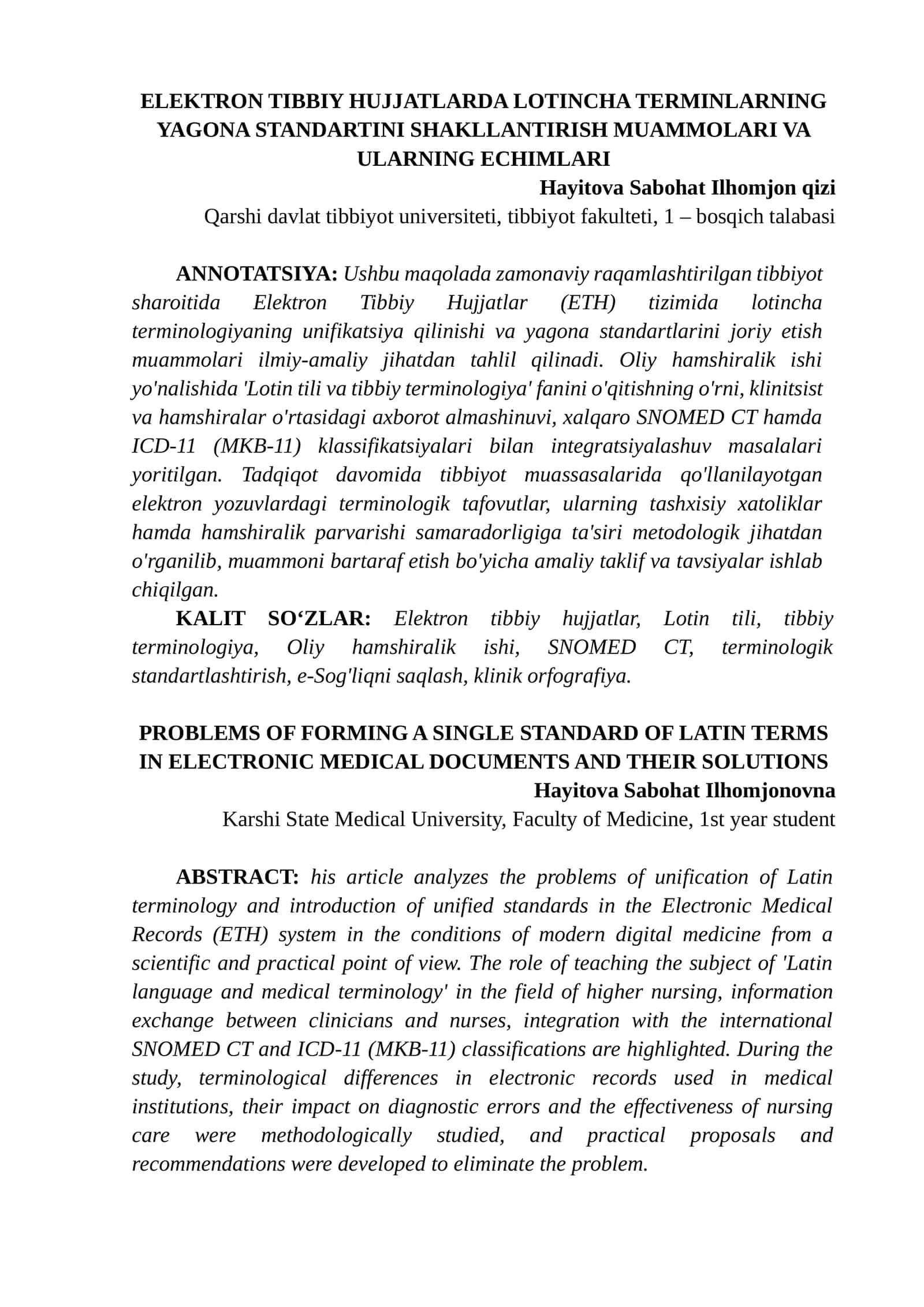 ELEKTRON TIBBIY HUJJATLARDA LOTINCHA TERMINLARNING YAGONA STANDARTINI SHAKLLANTIRISH MUAMMOLARI VA ULARNING ECHIMLARI 1