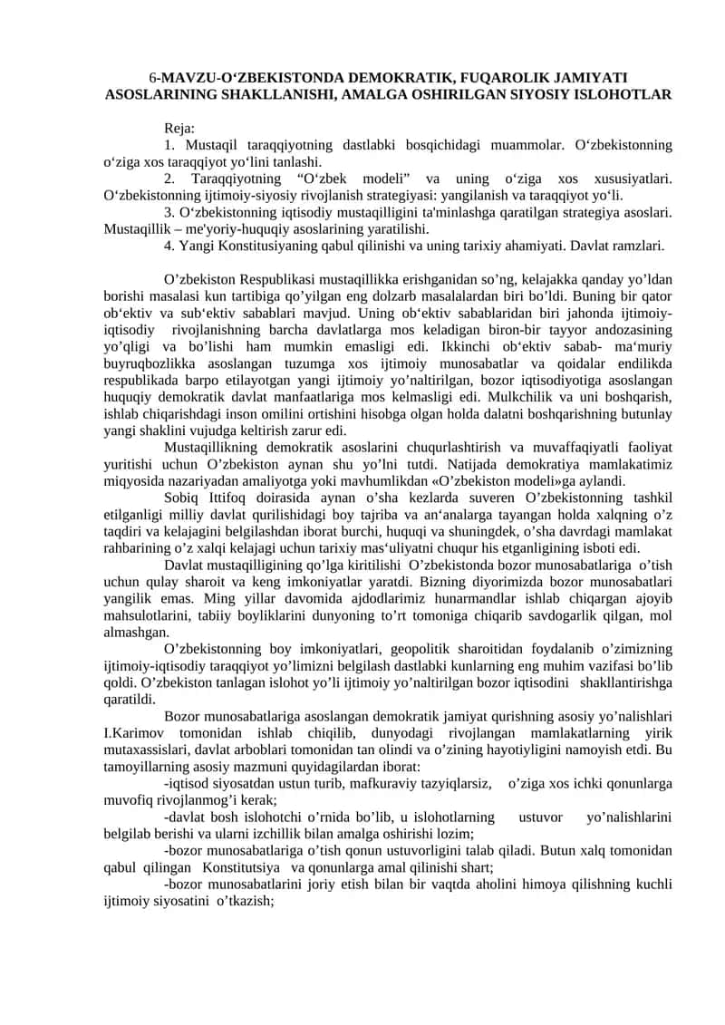 O‘ZBEKISTONDA DEMOKRATIK, FUQAROLIK JAMIYATI ASOSLARINING SHAKLLANISHI, AMALGA OSHIRILGAN SIYOSIY ISLOHOTLAR 1