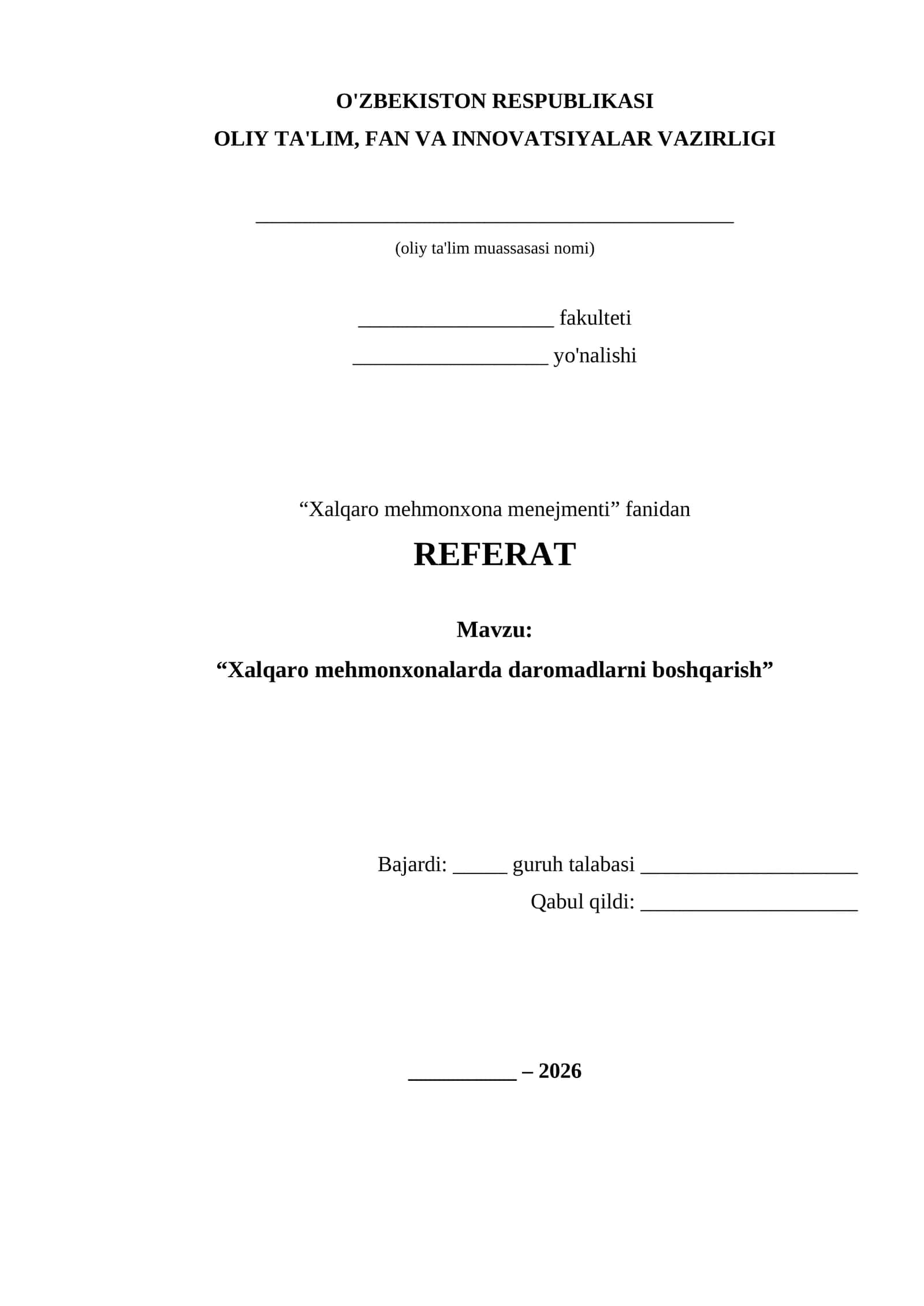 Xalqaro mehmonxonalarda daromadlarni boshqarish 1