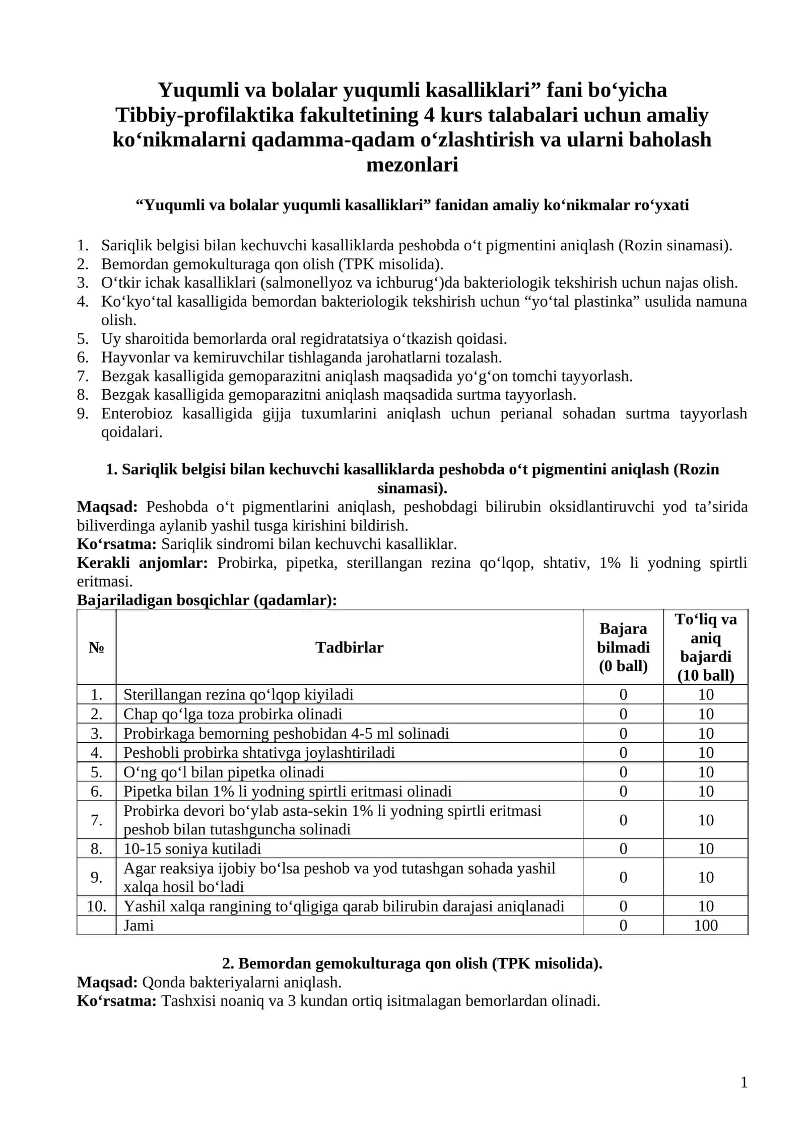 Yuqumli va bolalar yuqumli kasalliklari fani bo‘yicha Tibbiy-profilaktika fakulteti amaliy ko‘nikmalar ro‘yxati 1