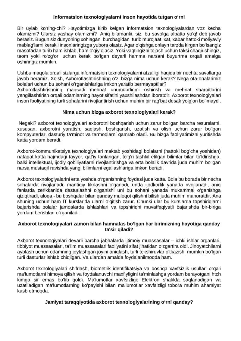 Informatsion texnologiyalarni inson hayotida tutgan o‘rni 1