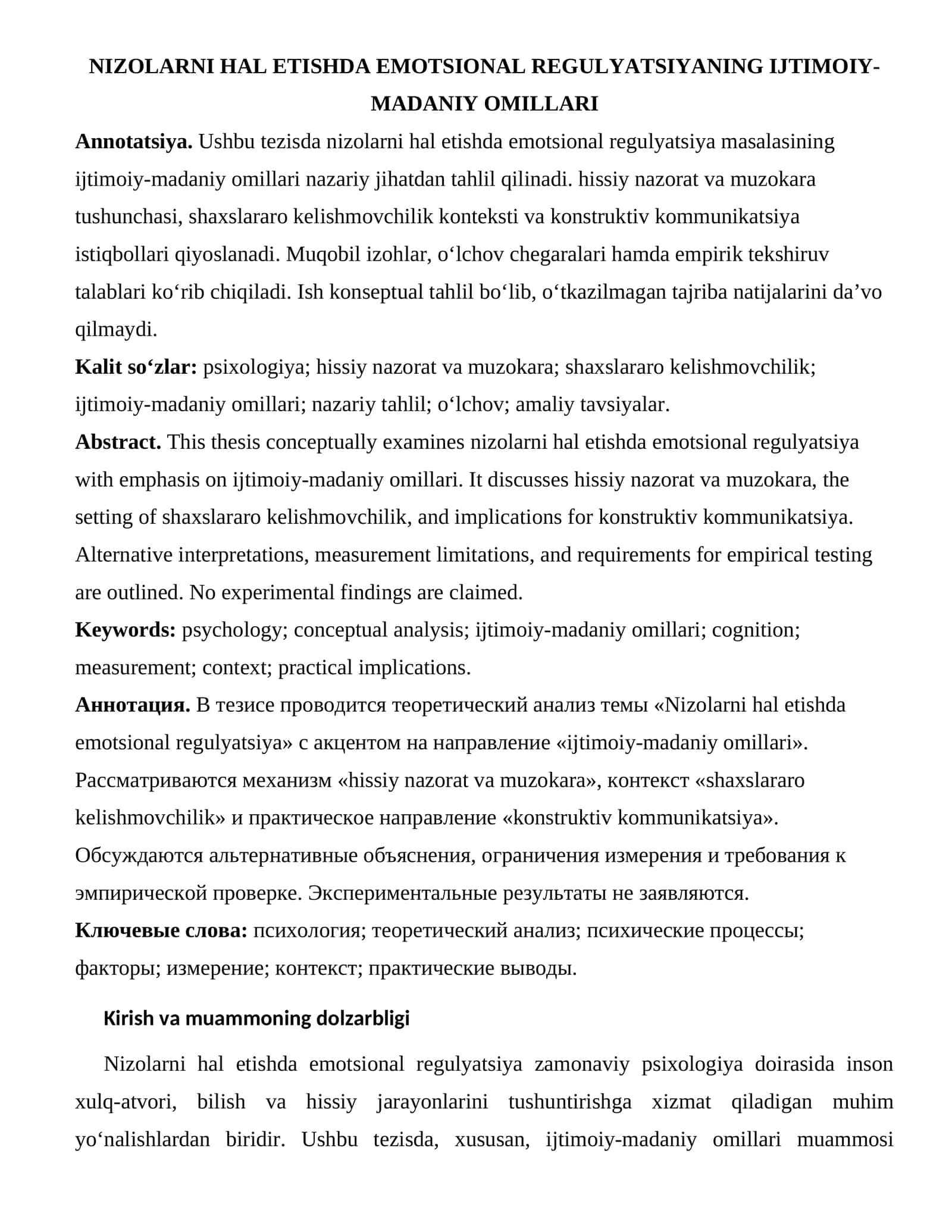 NIZOLARNI HAL ETISHDA EMOTSIONAL REGULYATSIYANING IJTIMOIY-MADANIY OMILLARI 1