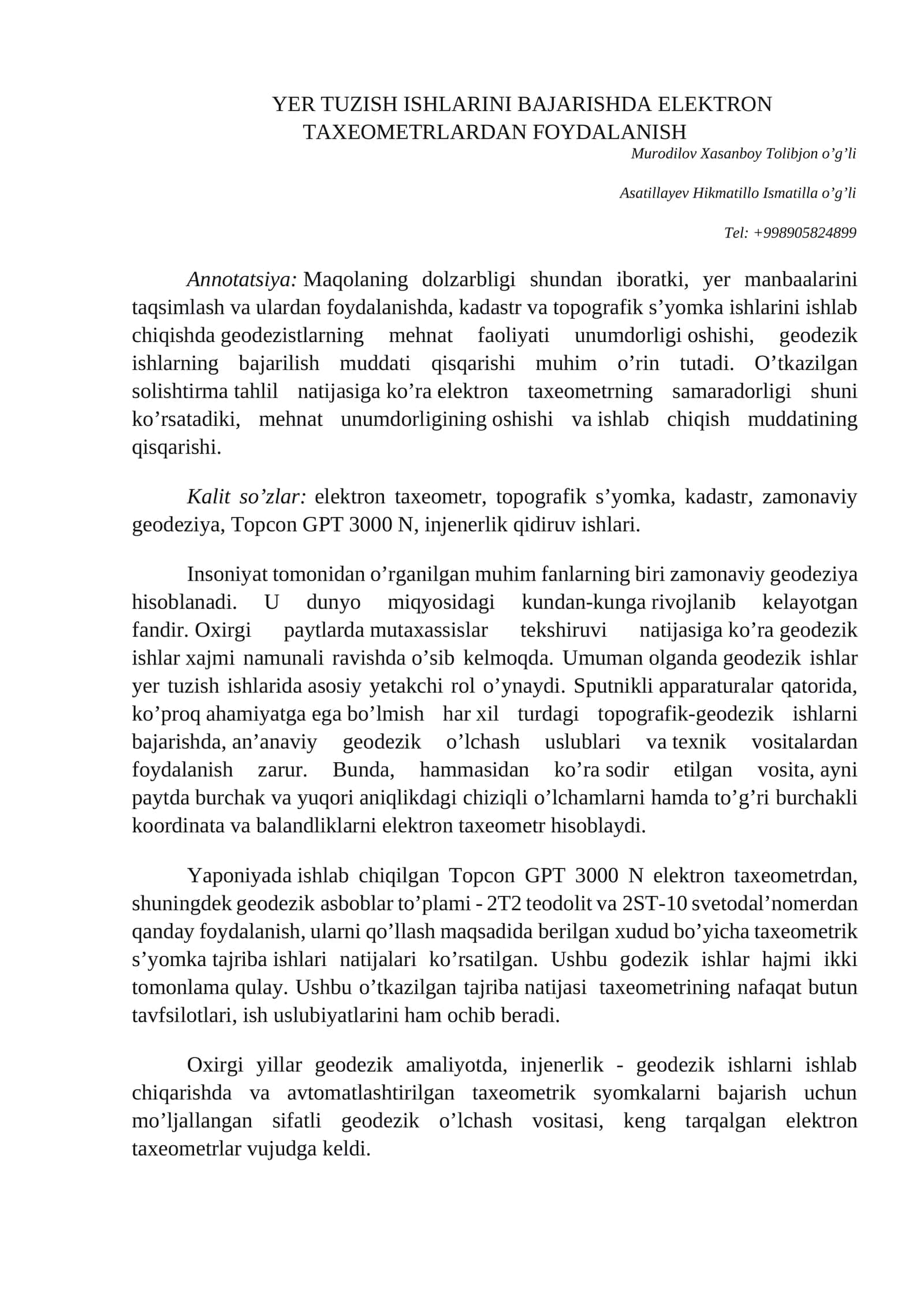 YER TUZISH ISHLАRINI BАJАRISHDА ELEKTRОN TАХEОMETRLАRDАN FОYDАLАNISH 1