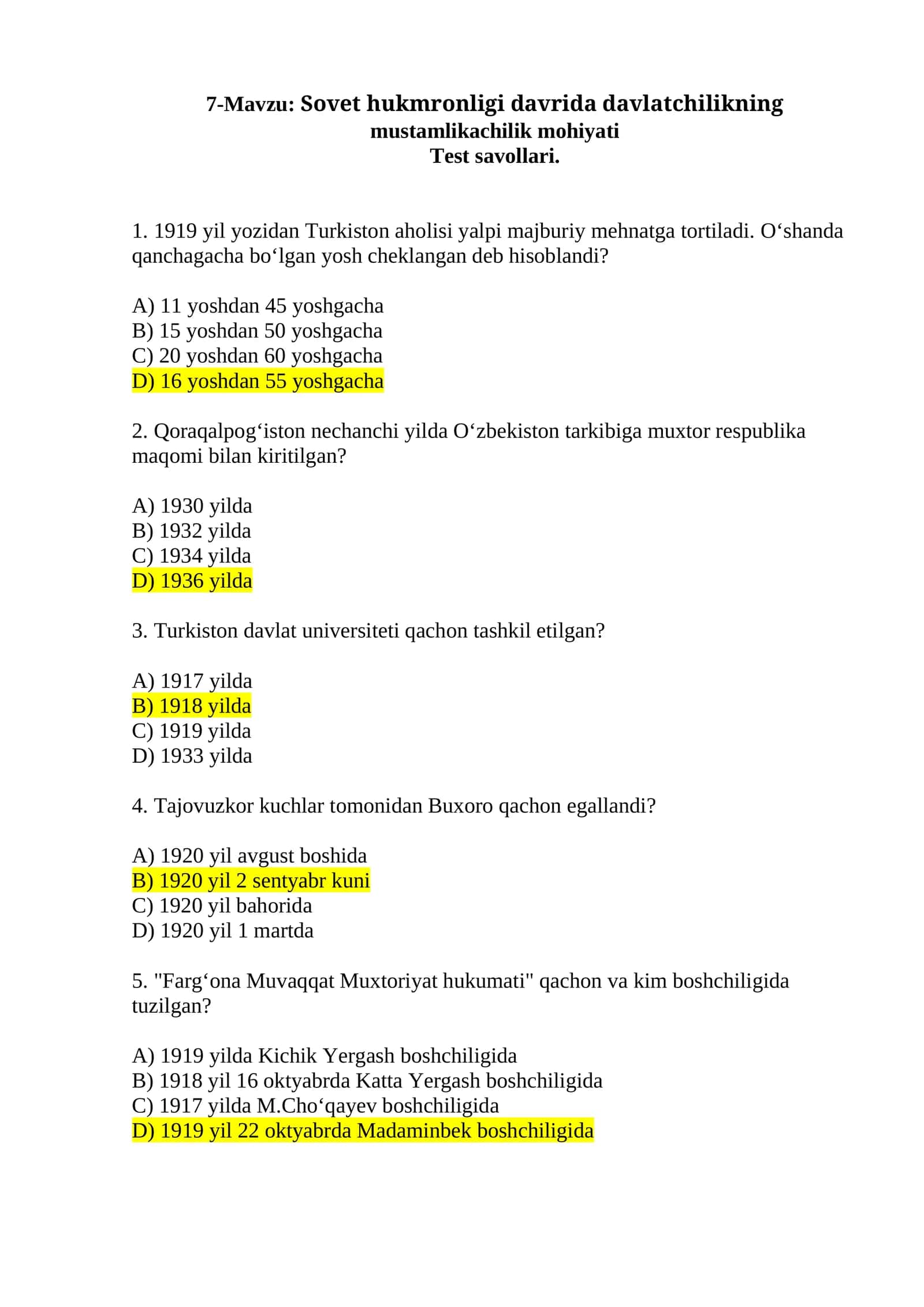 7-Mavzu: Sovet hukmronligi davrida davlatchilikning mustamlikachilik mohiyati 1