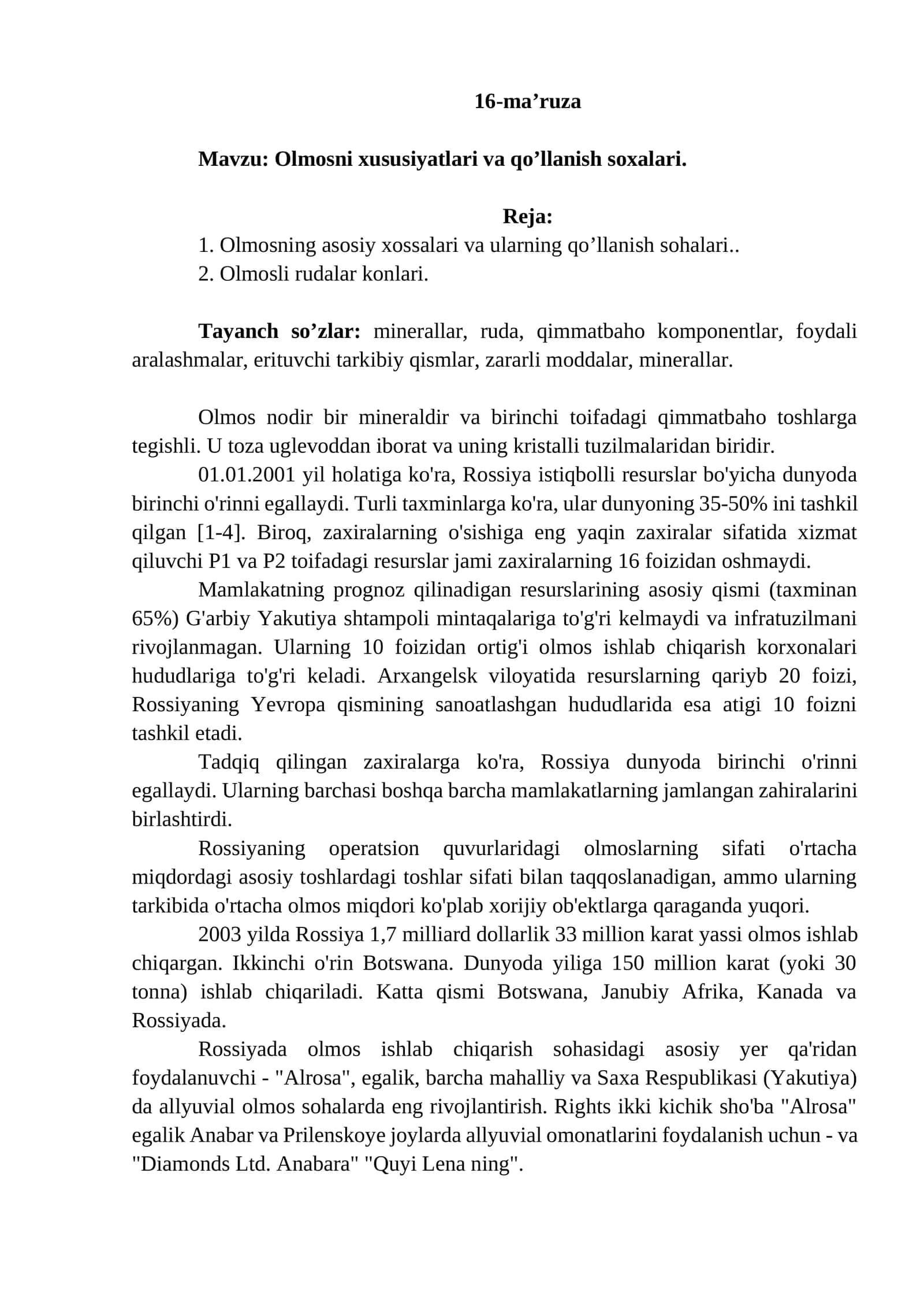 Olmosni xususiyatlari va qo'llanish soxalari 1