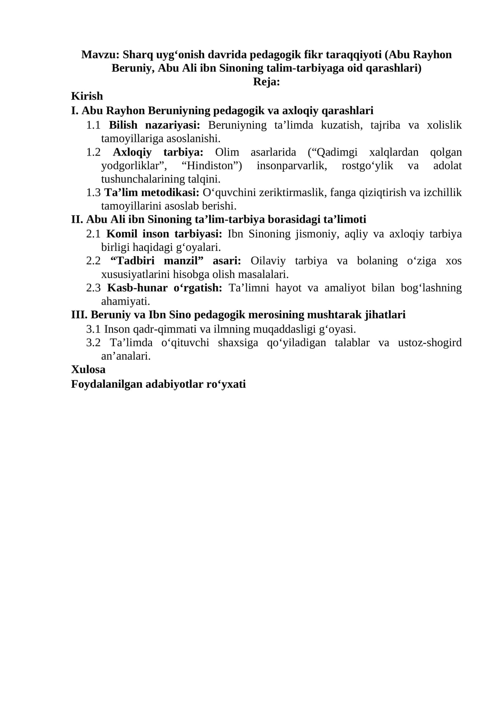 Sharq uyg‘onish davrida pedagogik fikr taraqqiyoti (Abu Rayhon Beruniy, Abu Ali ibn Sinoning talim-tarbiyaga oid qarashlari) 1