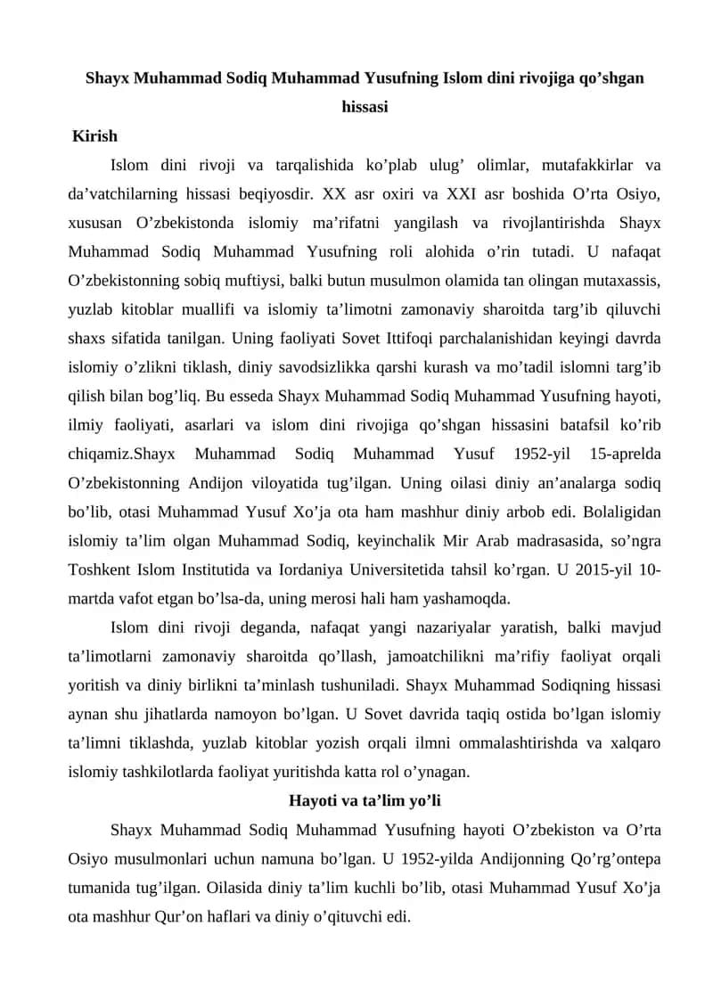 Shayx Muhammad Sodiq Muhammad Yusufning Islom dini rivojiga qo’shgan hissasi 1