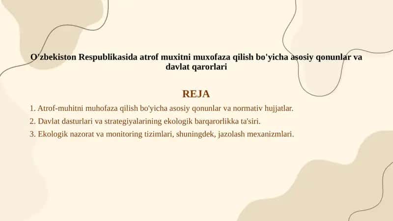 O'zbekiston Respublikasida atrof muxitni muxofaza qilish bo'yicha asosiy qonunlar va davlat qarorlari 1