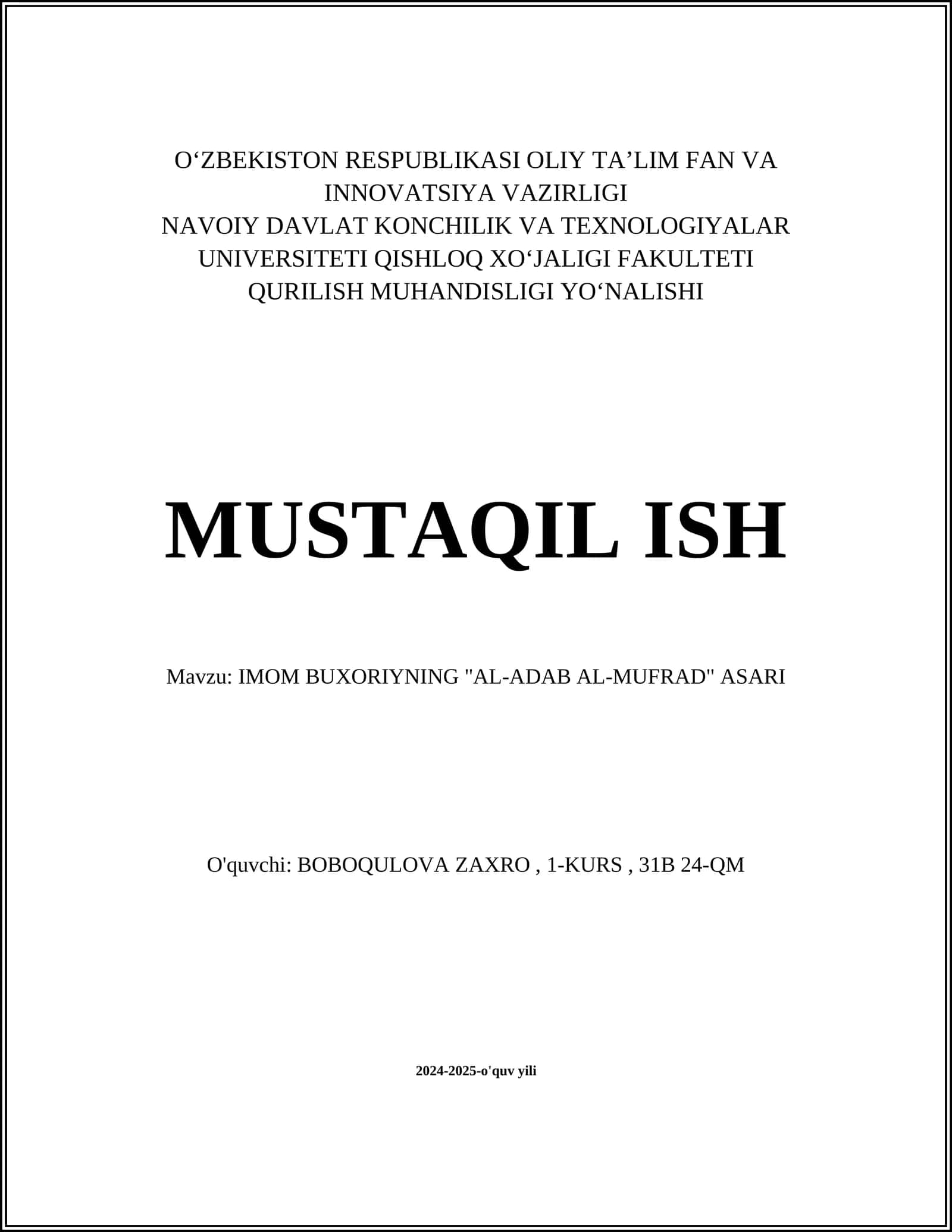 IMOM BUXORIYNING "AL-ADAB AL-MUFRAD" ASARI 1