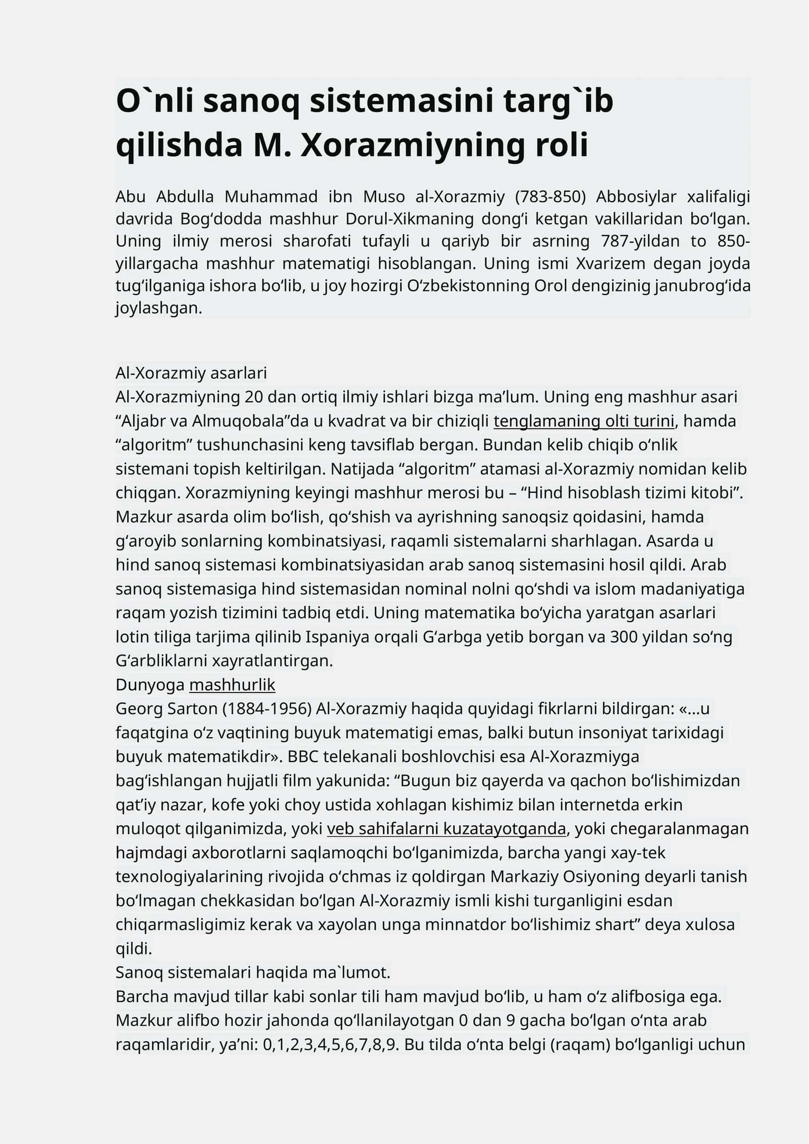 O`nli sanoq sistemasini targ`ib qilishda M. Xorazmiyning roli 1