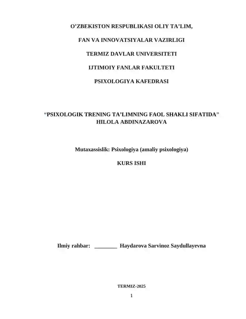 PSIXOLOGIK TRENING TA’LIMNING FAOL SHAKLI SIFATIDA