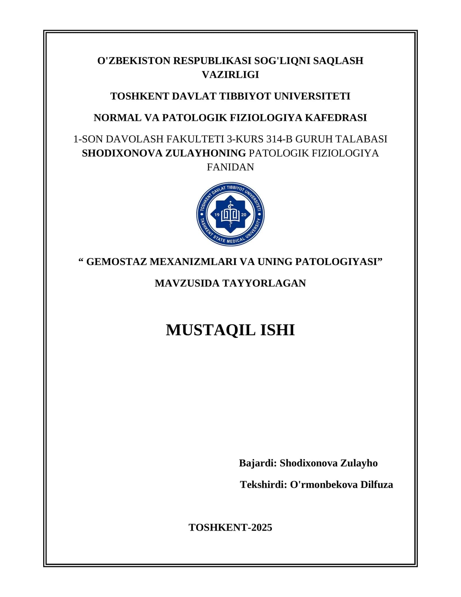 GEMOSTAZ MEXANIZMLARI VA UNING PATOLOGIYASI 1