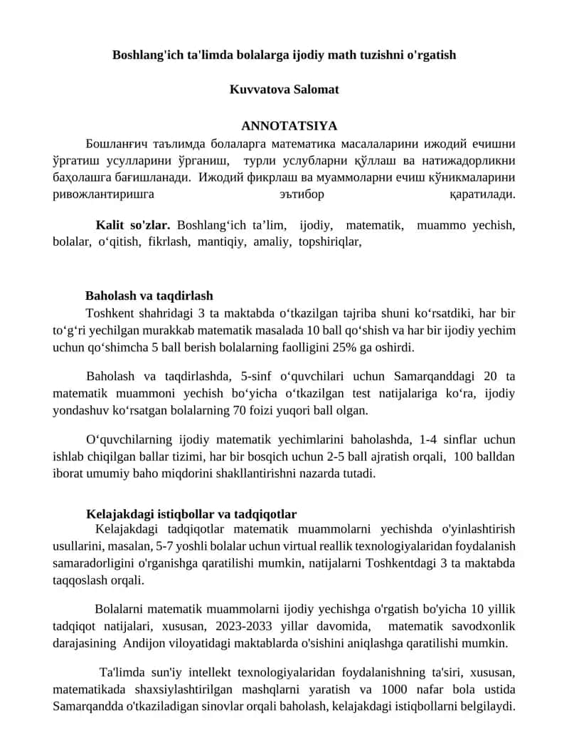 Boshlang'ich ta'limda bolalarga ijodiy math tuzishni o'rgatish 1