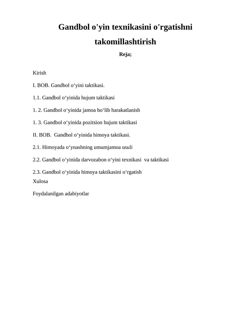 Gandbol o'yin texnikasini o'rgatishni takomillashtirish 1