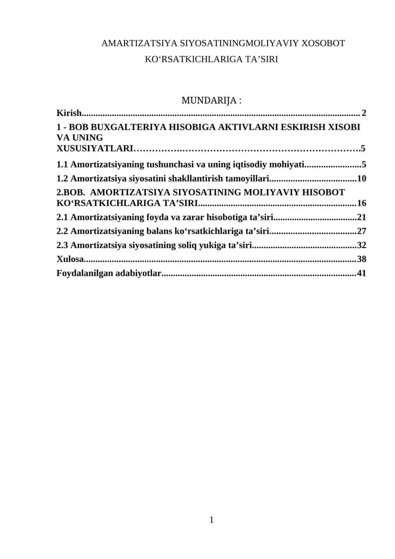 AMARTIZATSIYA SIYOSATININGMOLIYAVIY XOSOBOT KOʻRSATKICHLARIGA TAʼSIRI 1