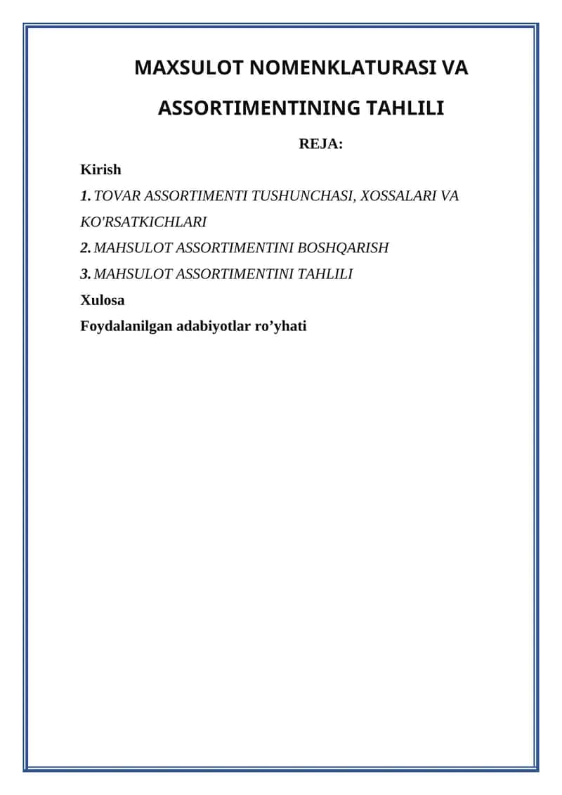 MAXSULOT NOMENKLATURASI VA ASSORTIMENTINING TAHLILI 1