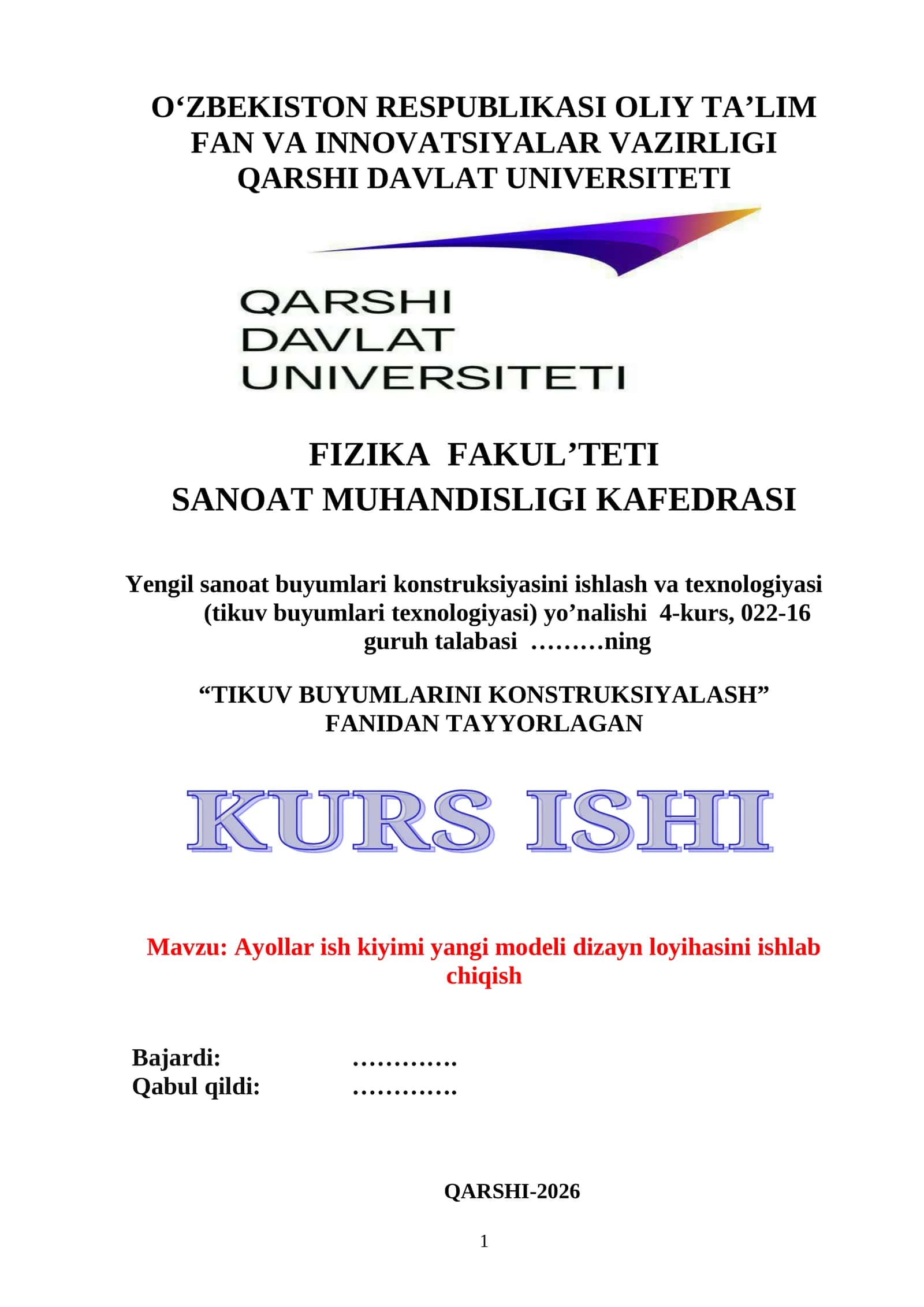 Ayollar ish kiyimi yangi modeli dizayn loyihasini ishlab chiqish mavzusida tayyor kurs ishi 1