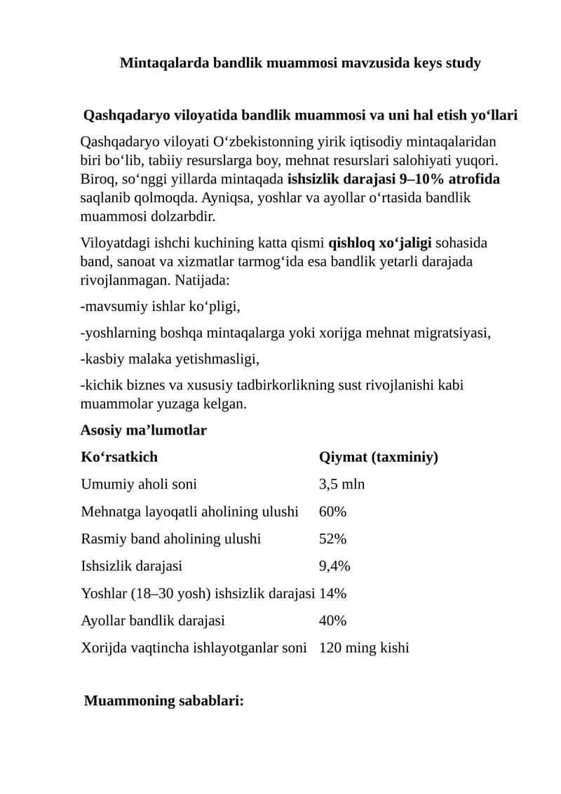 Bandlik muammosi mavzusida keys study 1