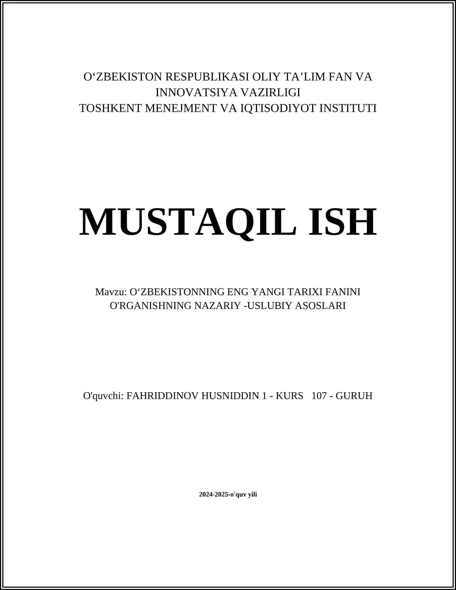 Oʻzbekistonning ENG yangi tarixi fani 1