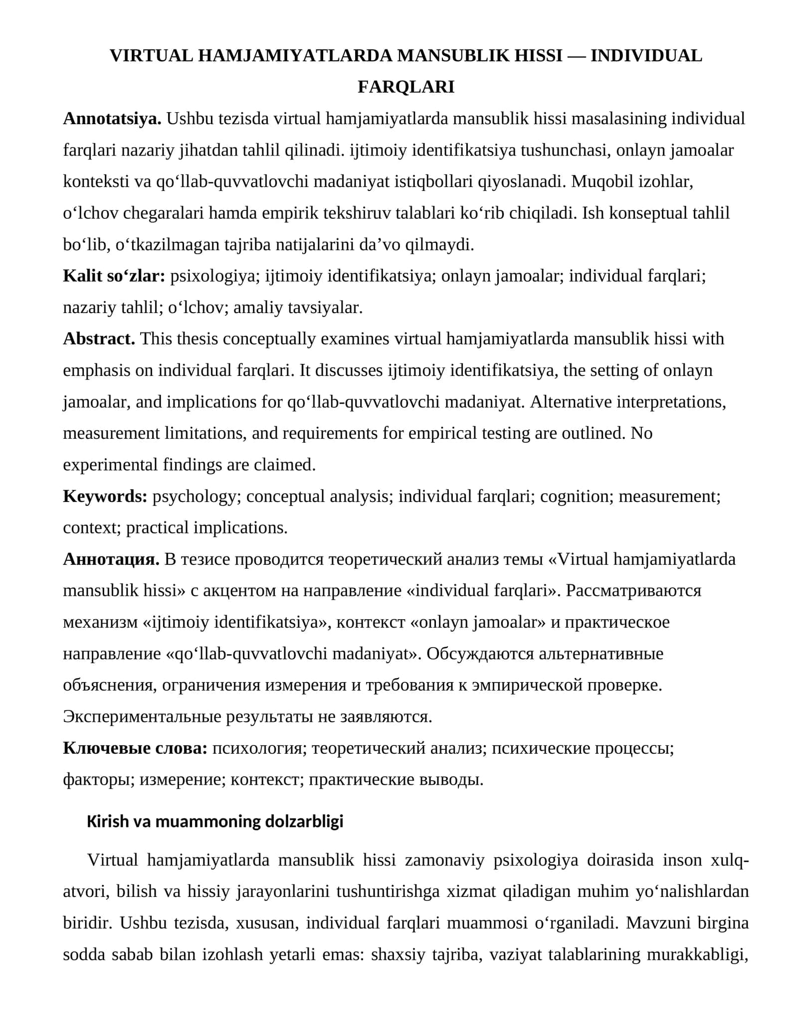 VIRTUAL HAMJAMIYATLARDA MANSUBLIK HISSI — INDIVIDUAL FARQLARI 1