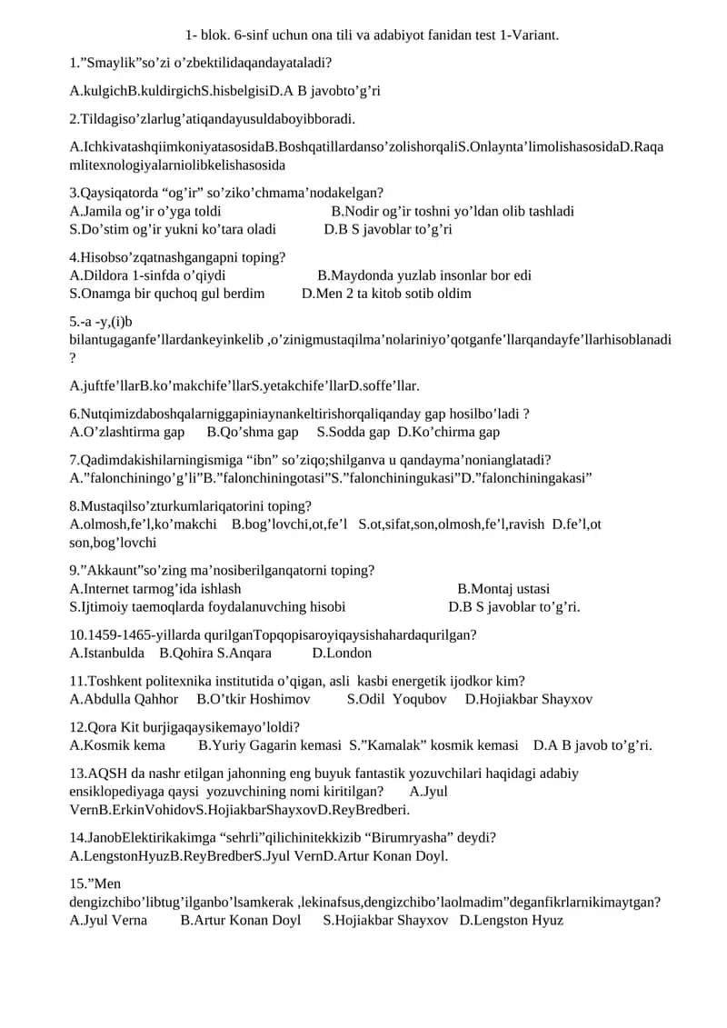 1- blok. 6-sinf uchun ona tili va adabiyot fanidan test 1-Variant 1
