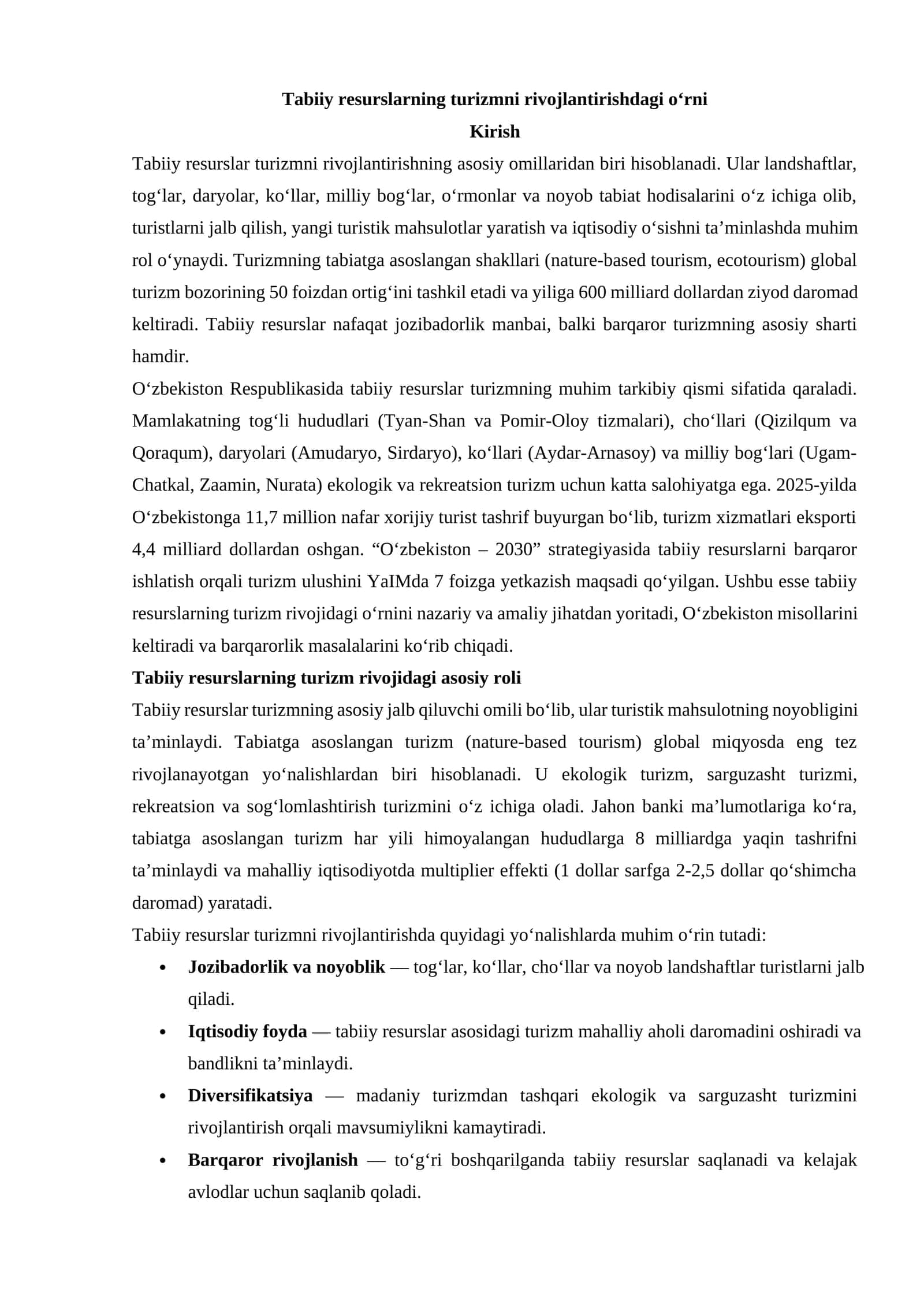 Tabiiy resurslarning turizmni rivojlantirishdagi oʻrni 1