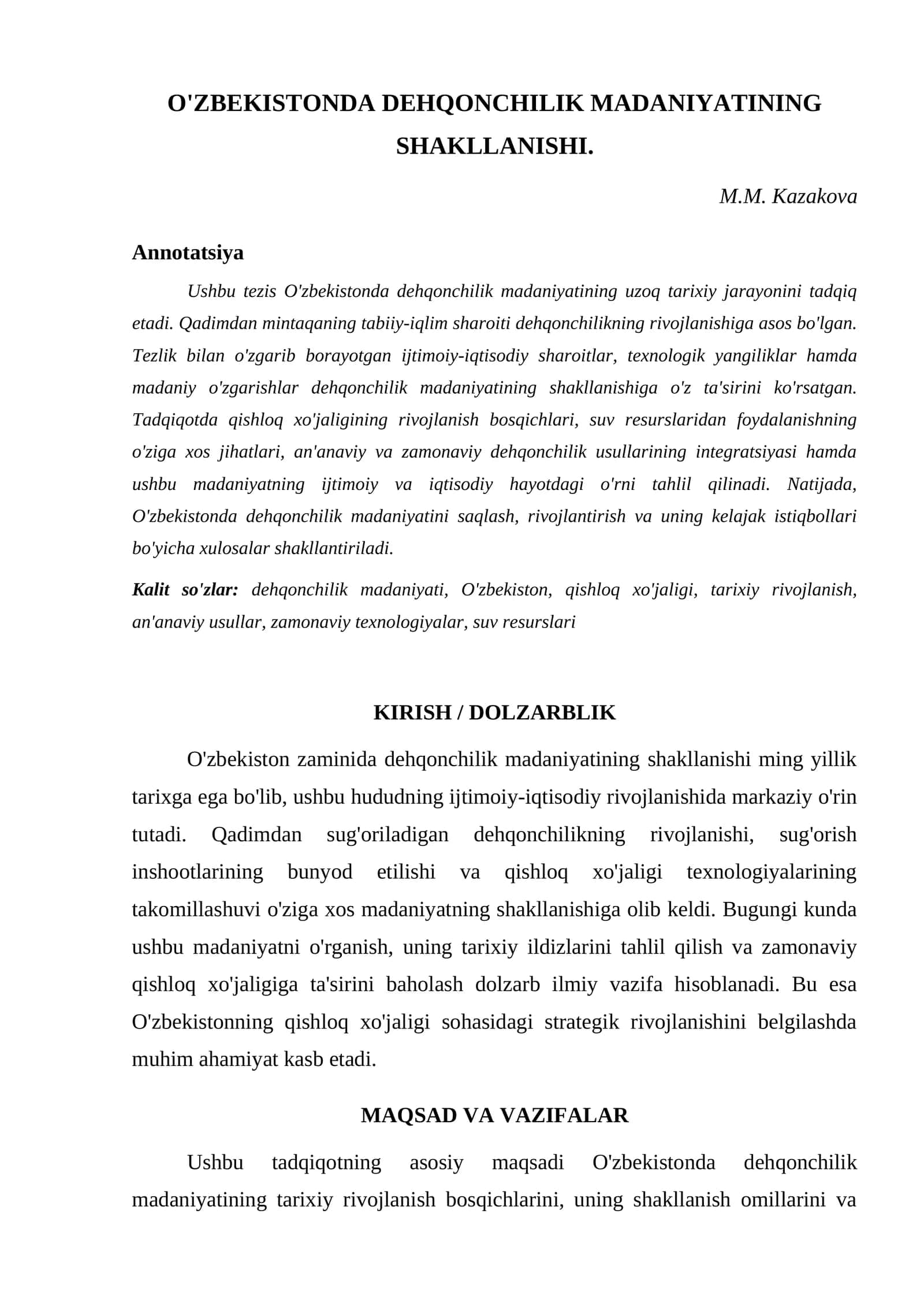 O'ZBEKISTONDA DEHQONCHILIK MADANIYATINING SHAKLLANISHI 1