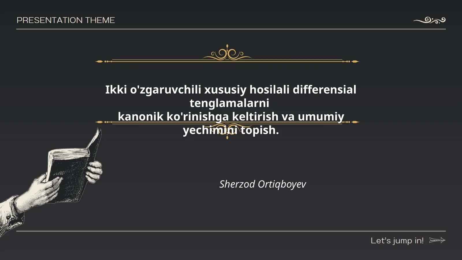 Ikki o'zgaruvchili xususiy hosilali differensial tenglamalarni kanonik ko'rinishga keltirish va umumiy yechimini topish 1