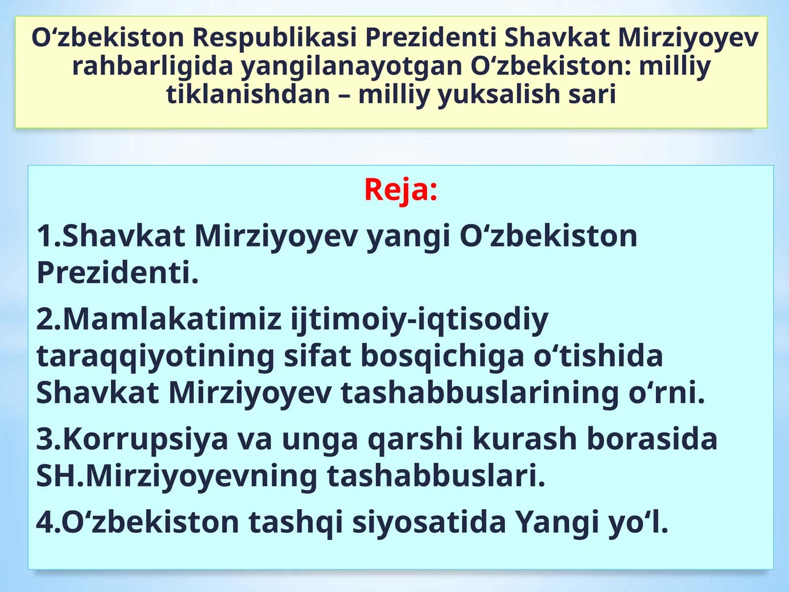О‘zbekiston Respublikasi Prezidenti Shavkat Mirziyoyev rahbarligida yangilanayotgan О‘zbekiston: milliy tiklanishdan – milliy yuksalish sari 1