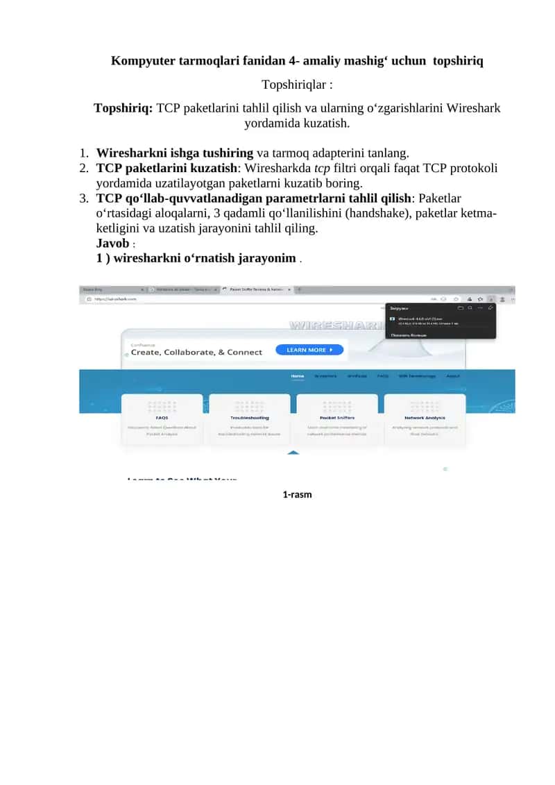 TCP paketlarini tahlil qilish va ularning o‘zgarishlarini Wireshark yordamida kuzatish 1