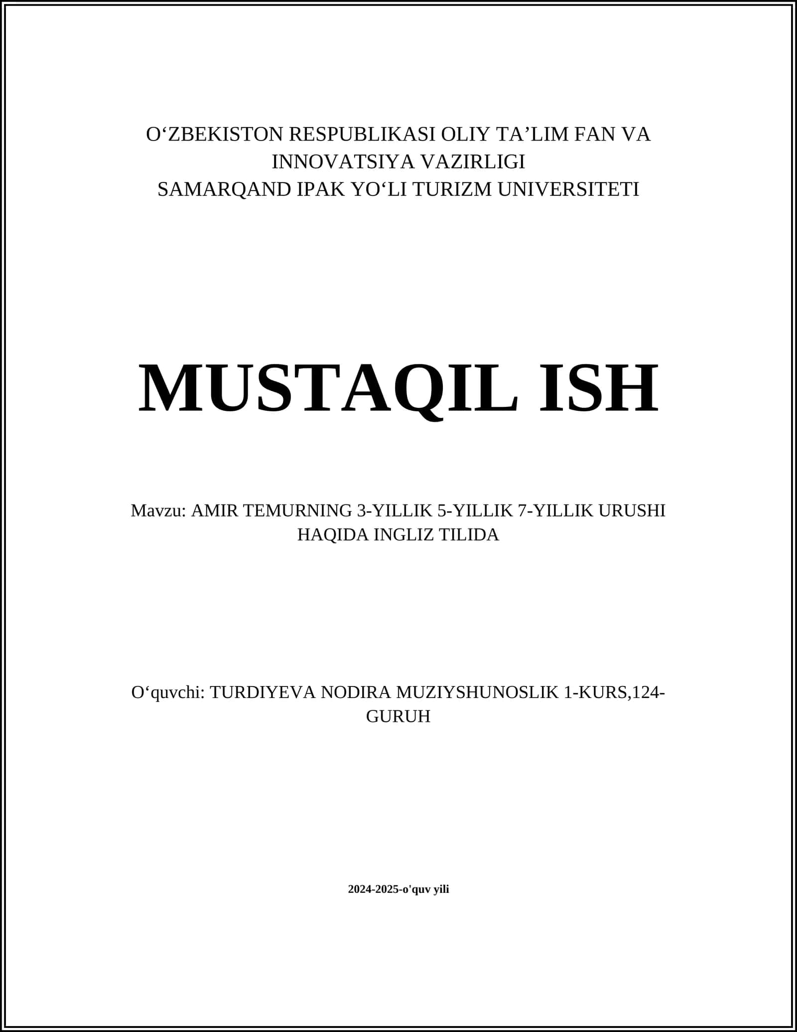 AMIR TEMURNING 3-YILLIK 5-YILLIK 7-YILLIK URUSHI HAQIDA INGLIZ TILIDA 1