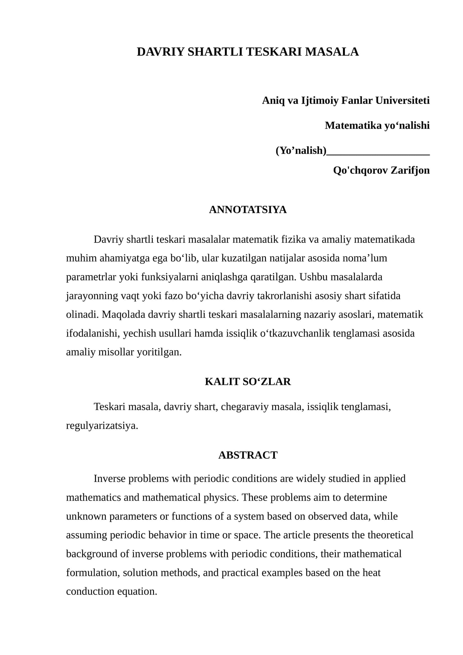 DAVRIY SHARTLI TESKARI MASALA 1