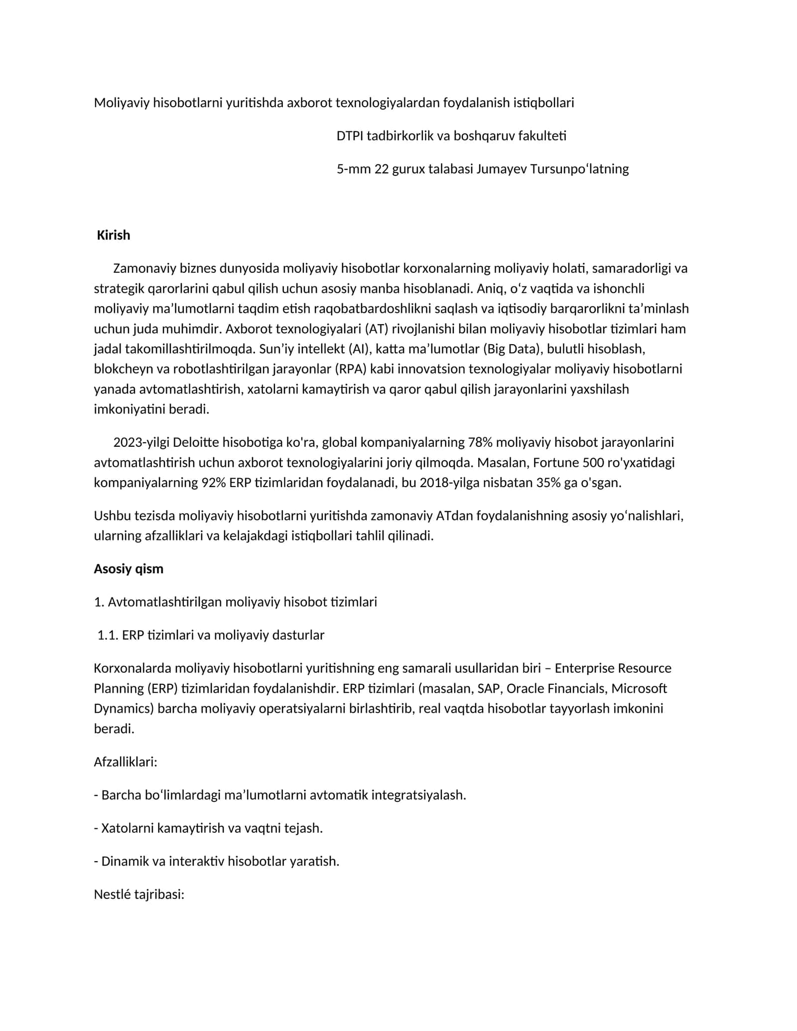 Moliyaviy hisobotlarni yuritishda axborot texnologiyalaridan foydalanish istiqbollari 1