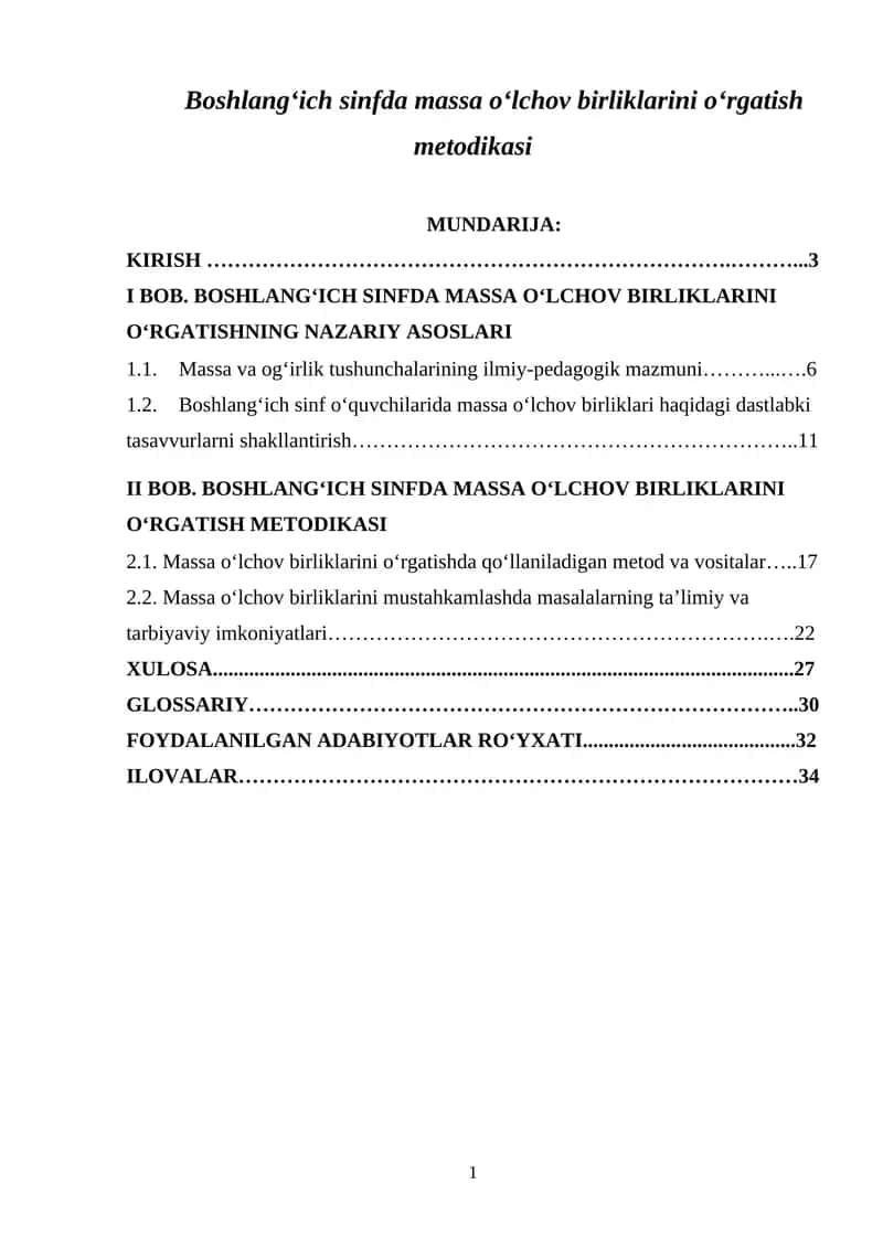 Boshlang'ich sinfda massa o'lchov birliklarini o'rgatish metodikasi 1
