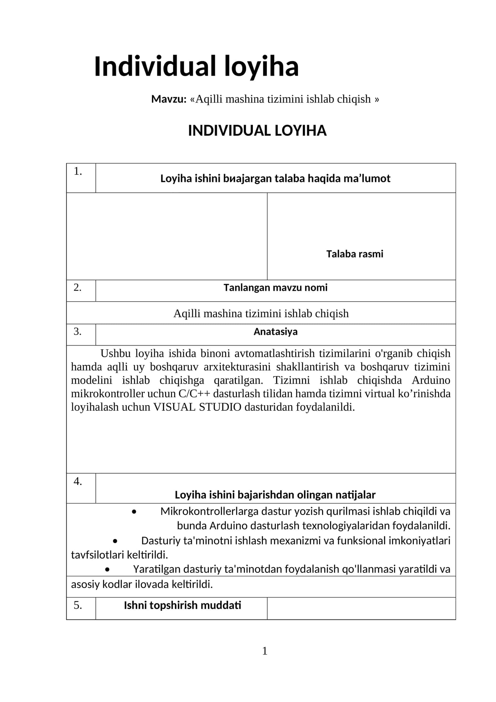 Aqilli mashina tizimini ishlab chiqish 1