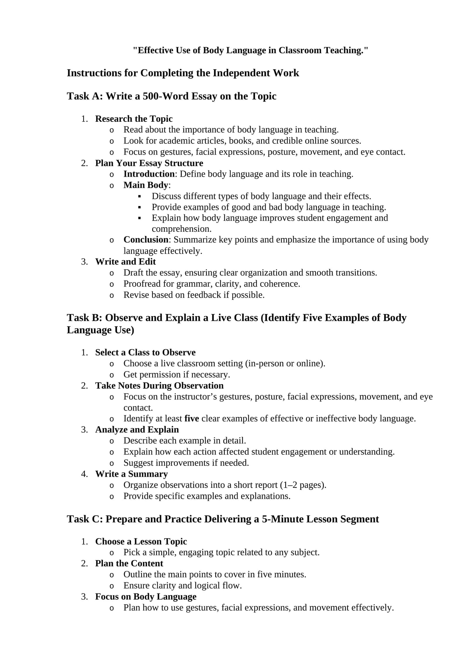 Instructions for Completing the Independent Work 1